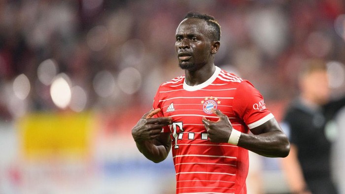 30 July 2022, Saxony, Leipzig: Soccer: DFL Supercup, RB Leipzig - FC Bayern Munich, Red Bull Arena. Munichs Sadio Mane gestures. Photo: Robert Michael/dpa (Photo by Robert Michael/picture alliance via Getty Images)