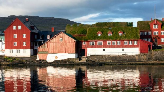 TORSHAVN, THE FAROE ISLANDS  AUGUST 24: A view over the historical government quarter on August 24, 2018 in Torshavn, The Faroe Islands. The building on the left is the parliament. (Photo by Ole Jensen/Corbis via Getty Images)