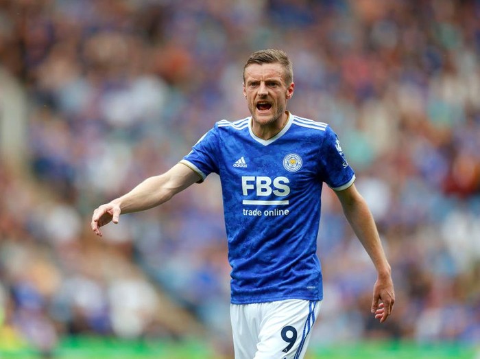 LEICESTER, ENGLAND - MAY 22: Jamie Vardy of Leicester City looks on during the Premier League match between Leicester City and Southampton at The King Power Stadium on May 22, 2022 in Leicester, England. (Photo by Malcolm Couzens/Getty Images)