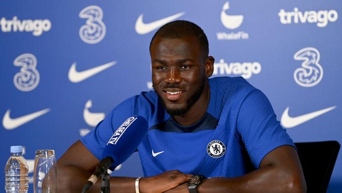 COBHAM, ENGLAND - AUGUST 03:  Kalidou Koulibaly of Chelsea during a press conference at Chelsea Training Ground on August 3, 2022 in Cobham, England. (Photo by Darren Walsh/Chelsea FC via Getty Images)