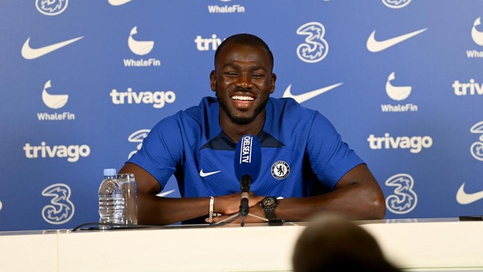 COBHAM, ENGLAND - AUGUST 03:  Kalidou Koulibaly of Chelsea during a press conference at Chelsea Training Ground on August 3, 2022 in Cobham, England. (Photo by Darren Walsh/Chelsea FC via Getty Images)