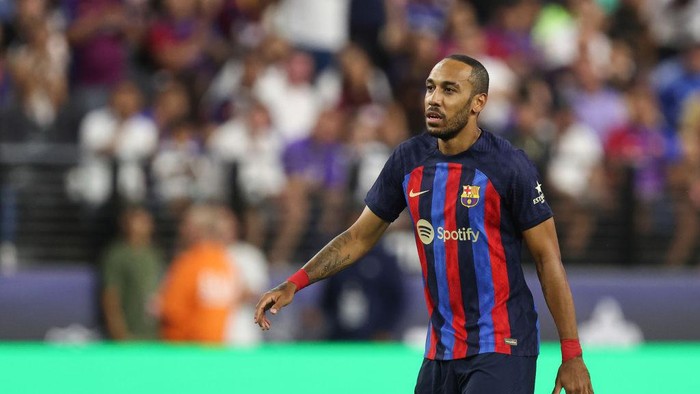 LAS VEGAS, NV - JULY 23: Pierre-Emerick Aubameyang of FC Barcelona during the preseason friendly match between Real Madrid and Barcelona at Allegiant Stadium on July 23, 2022 in Las Vegas, Nevada. (Photo by James Williamson - AMA/Getty Images)