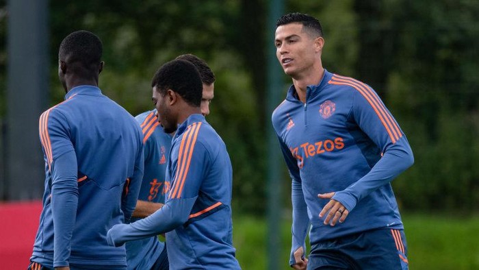 MANCHESTER, ENGLAND - AUGUST 03: (EXCLUSIVE COVERAGE) Cristiano Ronaldo of Manchester United in action during a first team training session at Carrington Training Ground on August 03, 2022 in Manchester, England. (Photo by Ash Donelon/Manchester United via Getty Images)