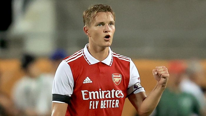 ORLANDO, FLORIDA - JULY 23: Martin Ødegaard #8 of Arsenal reacts during the Florida Cup match against Chelsea at Camping World Stadium on July 23, 2022 in Orlando, Florida. (Photo by Sam Greenwood/Getty Images)