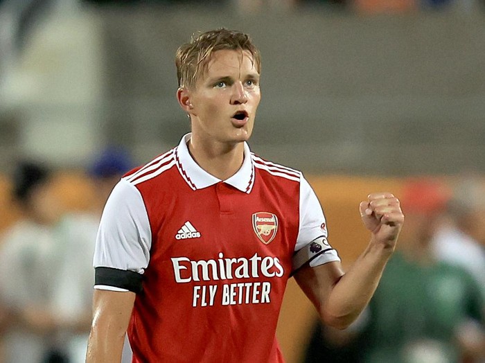 ORLANDO, FLORIDA - JULY 23: Martin Ødegaard #8 of Arsenal reacts during the Florida Cup match against Chelsea at Camping World Stadium on July 23, 2022 in Orlando, Florida. (Photo by Sam Greenwood/Getty Images)