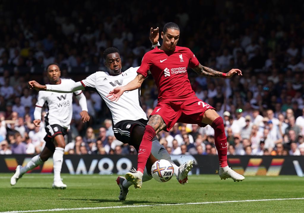Liverpool's Darwin Nunez scores their side's first goal of the game during the Premier League match at Craven Cottage, London. Picture date: Saturday August 6, 2022. (Photo by Adam Davy/PA Images via Getty Images)