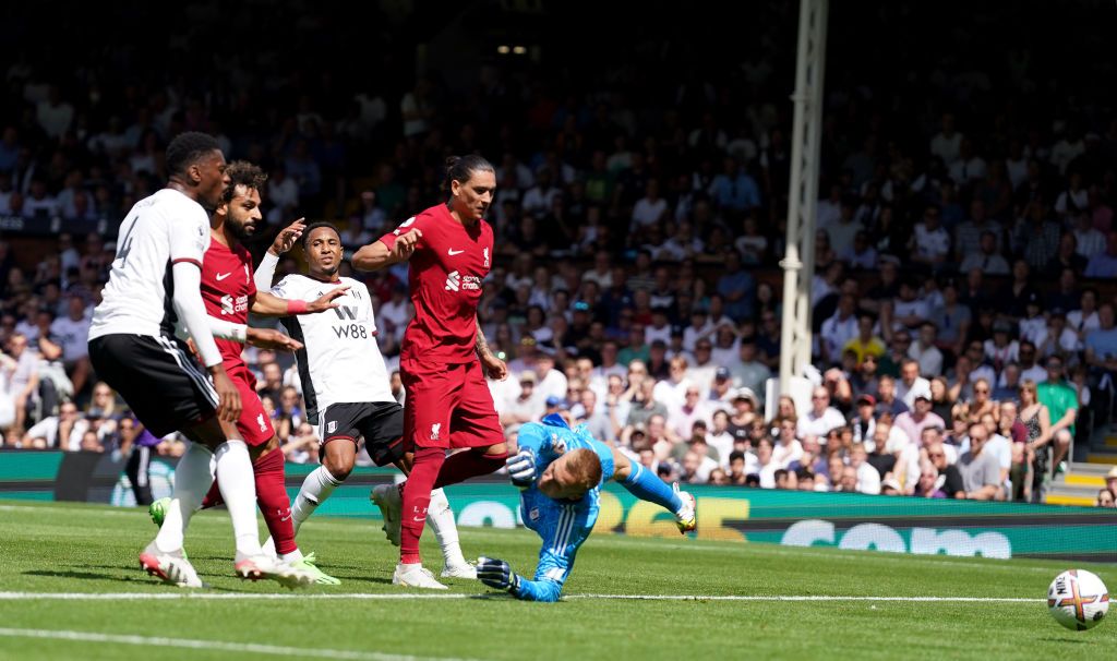 Liverpool's Mohamed Salah (second left) scores their side's second goal of the game during the Premier League match at Craven Cottage, London. Picture date: Saturday August 6, 2022. (Photo by Adam Davy/PA Images via Getty Images)