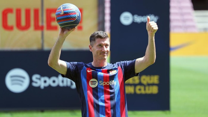 Robert Lewandowski during his presentation as a new player of FC Barcelona, in Barcelona, on 05th August 2022. 
 -- (Photo by Urbanandsport/NurPhoto via Getty Images)