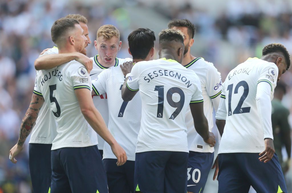 LONDON, ENGLAND - AUGUST 06: Tottenham Hotspur players celebrate their third goal set up by Emerson Royal during the Premier League match between Tottenham Hotspur and Southampton FC at Tottenham Hotspur Stadium on August 6, 2022 in London, United Kingdom. (Photo by Rob Newell - CameraSport via Getty Images)