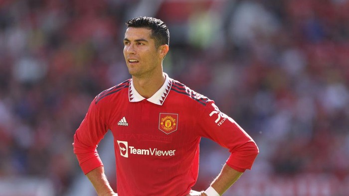 MANCHESTER, ENGLAND - JULY 31: Cristiano Ronaldo of Manchester United during the pre-season friendly between Manchester United and Rayo Vallecano at Old Trafford on July 31, 2022 in Manchester, England. (Photo by Matthew Ashton - AMA/Getty Images)