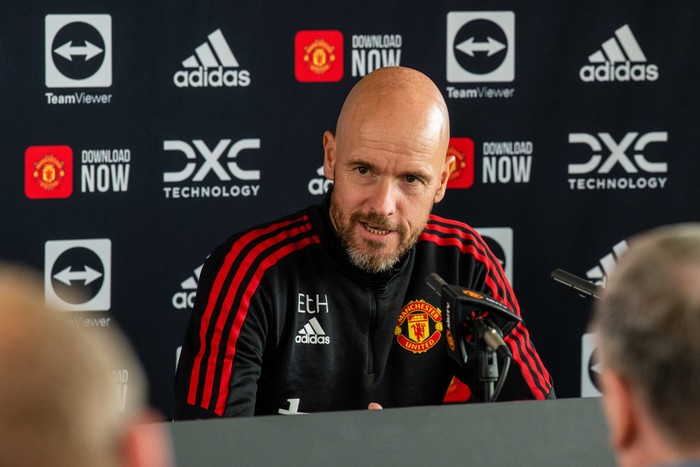 MANCHESTER, ENGLAND - AUGUST 05: Manager Erik ten Hag of Manchester United speaks during a press conference at Carrington Training Ground on August 05, 2022 in Manchester, England. (Photo by Ash Donelon/Manchester United via Getty Images)