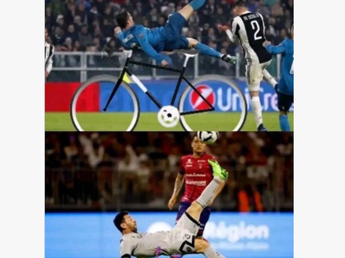 Ragam meme gol salto Lionel Messi ke gawang Clermont Foot di Liga Prancis.