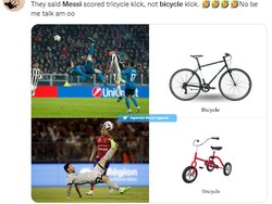 Kalau kata meme ini, gol salto Messi bak sepeda kecil ketimbang bicycle kick Ronaldo di Liga Champions tahun 2018. (Foto: Twitter)