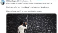 Meme ini menggambarkan fans memberikan perhitungan detail yang menyebut gol Messi bukanlah bicycle kick. (Foto: Twitter)