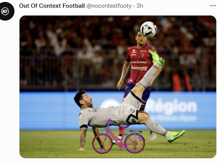Ragam meme gol salto Lionel Messi ke gawang Clermont Foot di Liga Prancis.