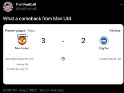 Ada nih yang ngedit skor akhir MU vs Brighton. Man United diledek menang 3-2 lewat gol-gol comeback dari pemain khayalan Antony dan Frenkie de Jong -- dua nama yang masih dikaitkan dengan Setan Merah. Foto: dok. Twitter