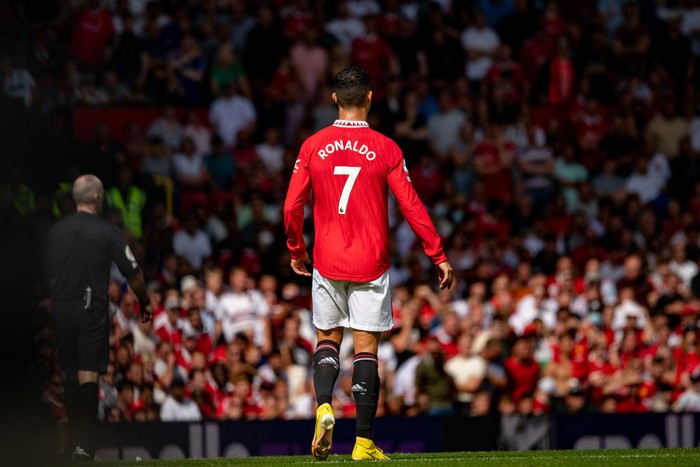 MANCHESTER, ENGLAND - AUGUST 07: Cristiano Ronaldo of Manchester United in action during the Premier League match between Manchester United and Brighton & Hove Albion at Old Trafford on August 07, 2022 in Manchester, England. (Photo by Ash Donelon/Manchester United via Getty Images)
