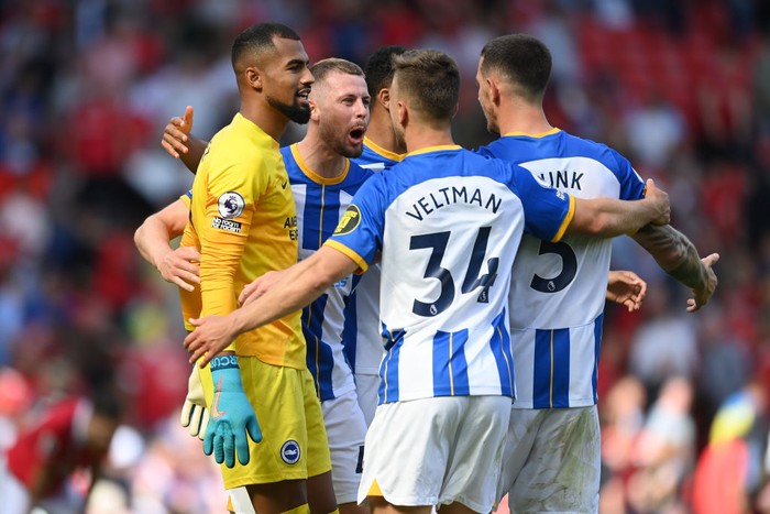 MANCHESTER, ENGLAND - AUGUST 07: Robert Sanchez, Adam Webster, Joel Veltman and Lewis Dunk of Brighton celebrate after the Premier League match between Manchester United and Brighton & Hove Albion at Old Trafford on August 07, 2022 in Manchester, England. (Photo by Michael Regan/Getty Images)