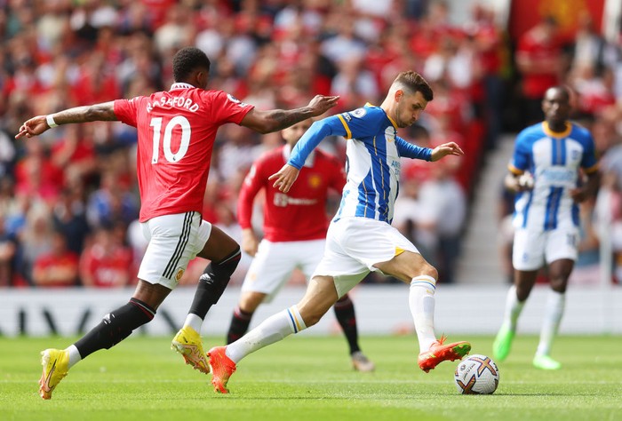 MANCHESTER, ENGLAND - AUGUST 07: Pascal Gross of Brighton & Hove Albion celebrates after scoring their team's second goal during the Premier League match between Manchester United and Brighton & Hove Albion at Old Trafford on August 07, 2022 in Manchester, England. (Photo by Michael Regan/Getty Images)