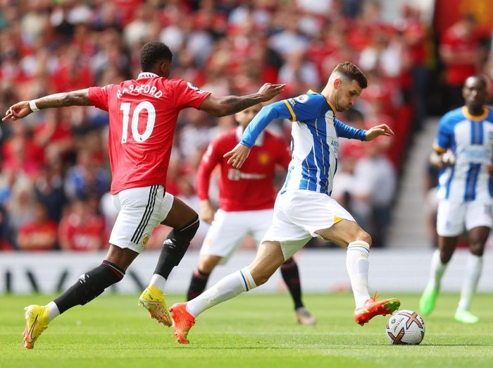 MANCHESTER, ENGLAND - AUGUST 07: Pascal Gross of Brighton & Hove Albion celebrates after scoring their team's second goal during the Premier League match between Manchester United and Brighton & Hove Albion at Old Trafford on August 07, 2022 in Manchester, England. (Photo by Michael Regan/Getty Images)