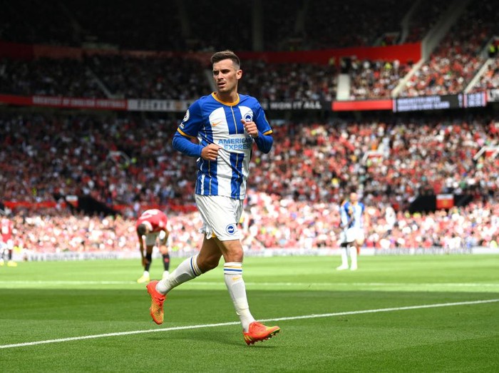 MANCHESTER, ENGLAND - AUGUST 07: Pascal Gross of Brighton & Hove Albion celebrates after scoring their team's second goal during the Premier League match between Manchester United and Brighton & Hove Albion at Old Trafford on August 07, 2022 in Manchester, England. (Photo by Michael Regan/Getty Images)