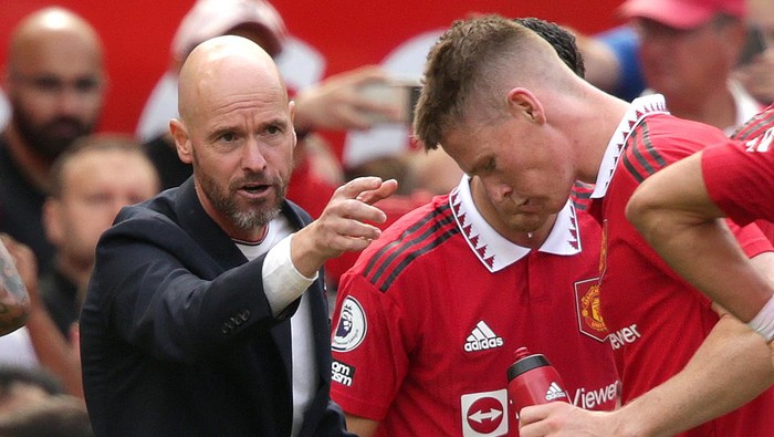 Manchester United manager Erik ten Hag with Scott McTominay on the touchline during the Premier League match at Old Trafford, Manchester. Picture date: Sunday August 7, 2022. (Photo by Ian Hodgson/PA Images via Getty Images)