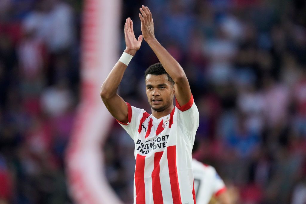 EINDHOVEN, NETHERLANDS - AUGUST 6: Cody Gakpo of PSV celebrates 4-0 during the Dutch Eredivisie  match between PSV v FC Emmen at the Philips Stadium on August 6, 2022 in Eindhoven Netherlands (Photo by Photo Prestige/Soccrates/Getty Images)