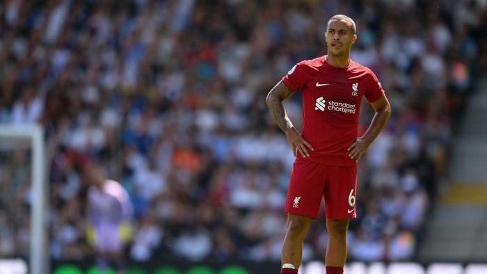 Thiago Alcantara LONDON, ENGLAND - AUGUST 06: Thiago Alcantara of Liverpool looks on during the Premier League match between Fulham FC and Liverpool FC at Craven Cottage on August 06, 2022 in London, England. (Photo by Mike Hewitt/Getty Images)