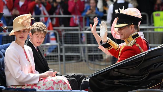 LONDON, ENGLAND - JUNE 02: Prince Edward, Earl of Wessex, Sophie, Countess of Wessex, Lady Louise Windsor and James, Viscount Severn during Trooping the Colour on June 02, 2022 in London, England. The Platinum Jubilee of Elizabeth II is being celebrated from June 2 to June 5, 2022, in the UK and Commonwealth to mark the 70th anniversary of the accession of Queen Elizabeth II on 6 February 1952. Trooping The Colour, also known as The Queen's Birthday Parade, is a military ceremony performed by regiments of the British Army that has taken place since the mid-17th century. It marks the official birthday of the British Sovereign. This year, from June 2 to June 5, 2022, there is the added celebration of the Platinum Jubilee of Elizabeth II  in the UK and Commonwealth to mark the 70th anniversary of her accession to the throne on 6 February 1952. (Photo by Karwai Tang/WireImage)