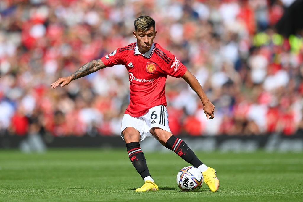 MANCHESTER, ENGLAND - AUGUST 07: Lisandro Martinez of Manchester United looks on during the Premier League match between Manchester United and Brighton & Hove Albion at Old Trafford on August 07, 2022 in Manchester, England. (Photo by Michael Regan/Getty Images)