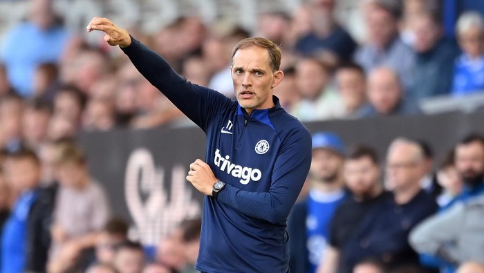 LIVERPOOL, ENGLAND - AUGUST 06: Thomas Tuchel, Manager of Chelsea, reacts during the Premier League match between Everton FC and Chelsea FC at Goodison Park on August 06, 2022 in Liverpool, England. (Photo by Michael Regan/Getty Images)