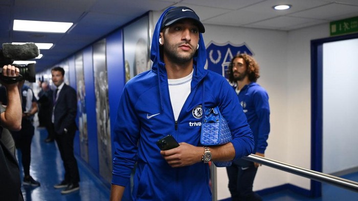 LIVERPOOL, ENGLAND - AUGUST 06: Hakim Ziyech of Chelsea arrives prior to kick off of the Premier League match between Everton FC and Chelsea FC at Goodison Park on August 06, 2022 in Liverpool, England. (Photo by Darren Walsh/Chelsea FC via Getty Images)