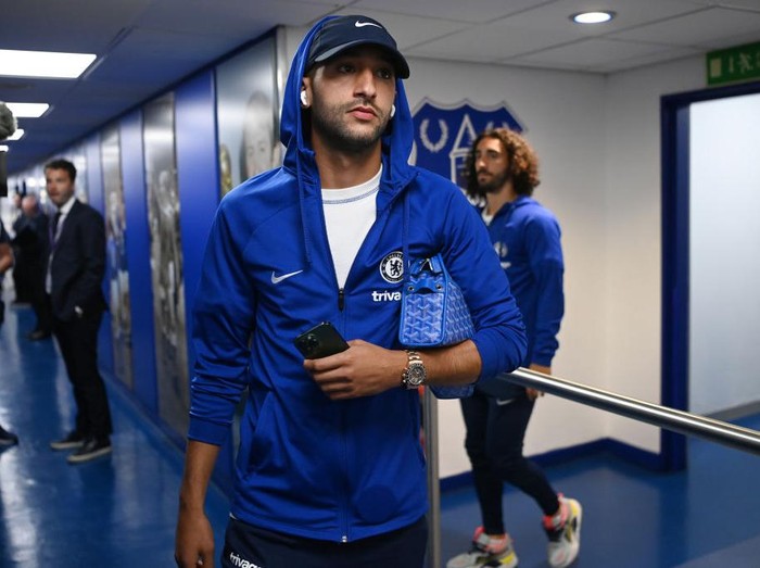 LIVERPOOL, ENGLAND - AUGUST 06: Hakim Ziyech of Chelsea arrives prior to kick off of the Premier League match between Everton FC and Chelsea FC at Goodison Park on August 06, 2022 in Liverpool, England. (Photo by Darren Walsh/Chelsea FC via Getty Images)