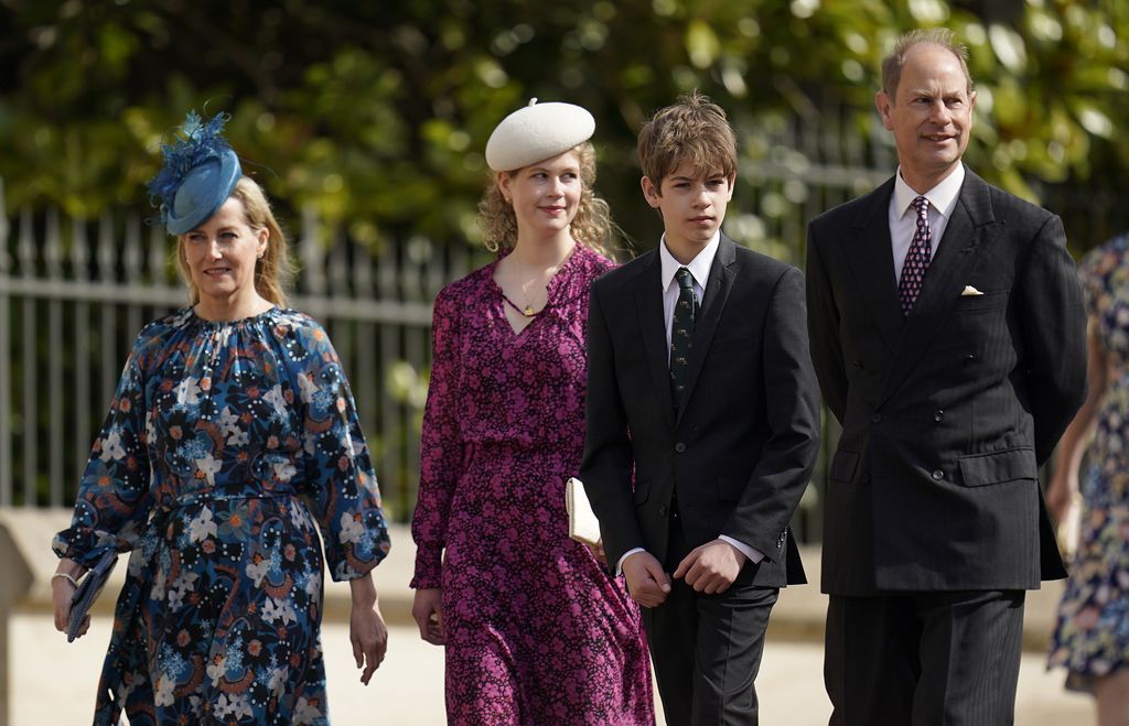 LONDON, ENGLAND - MARCH 29: James, Viscount Severn, Lady Louise Windsor and Sophie, Countess of Wessex attend the Thanksgiving service for the Duke Of Edinburgh at Westminster Abbey on March 29, 2022 in London, England. (Photo by Leon Neal/Getty Images)