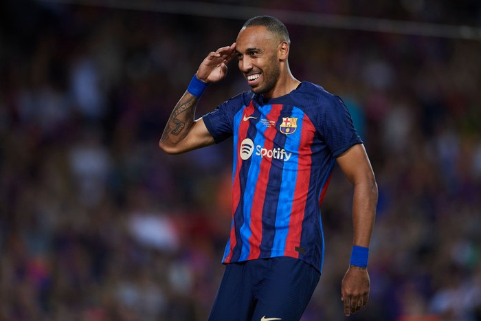 Pierre-Emerick Aubameyang of Barcelona celebrates after scoring his sides first goal during the Joan Gamper Trophy, friendly presentation match between FC Barcelona and  Pumas UNAM at Spotify Camp Nou on August 7, 2022 in Barcelona, Spain. (Photo by Jose Breton/Pics Action/NurPhoto via Getty Images)