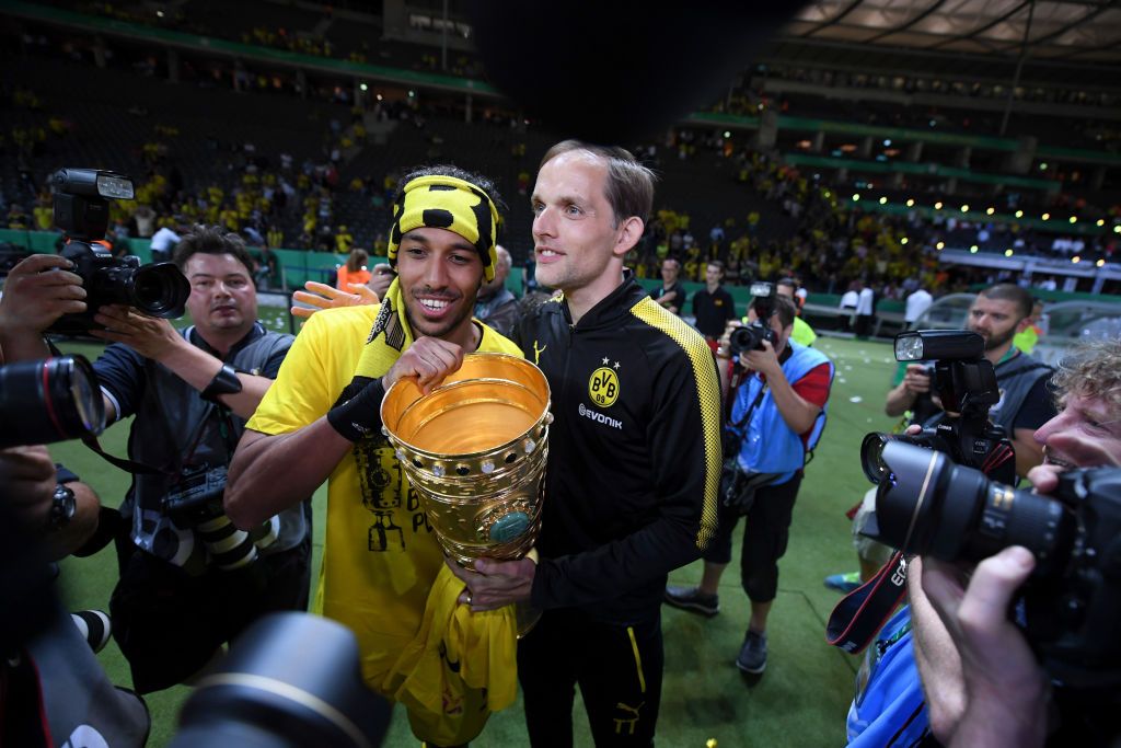 Pierre-Emerick Aubameyang of Barcelona celebrates after scoring his sides first goal during the Joan Gamper Trophy, friendly presentation match between FC Barcelona and  Pumas UNAM at Spotify Camp Nou on August 7, 2022 in Barcelona, Spain. (Photo by Jose Breton/Pics Action/NurPhoto via Getty Images)