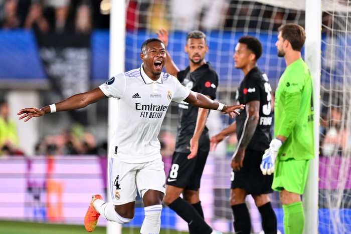 HELSINKI, FINLAND - AUGUST 10: David Alaba of Real Madrid scores their side's first goal during the UEFA Super Cup Final 2022 between Real Madrid CF and Eintracht Frankfurt at Helsinki Olympic Stadium on August 10, 2022 in Helsinki, Finland. (Photo by Oliver Hardt - UEFA/UEFA via Getty Images)
