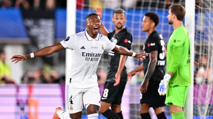 HELSINKI, FINLAND - AUGUST 10: David Alaba of Real Madrid scores their sides first goal during the UEFA Super Cup Final 2022 between Real Madrid CF and Eintracht Frankfurt at Helsinki Olympic Stadium on August 10, 2022 in Helsinki, Finland. (Photo by Oliver Hardt - UEFA/UEFA via Getty Images)