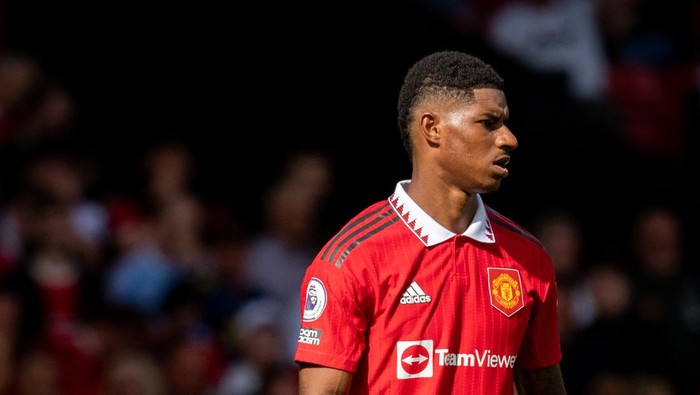 MANCHESTER, ENGLAND - AUGUST 07: Marcus Rashford of Manchester United in action during the Premier League match between Manchester United and Brighton & Hove Albion at Old Trafford on August 07, 2022 in Manchester, England. (Photo by Ash Donelon/Manchester United via Getty Images)