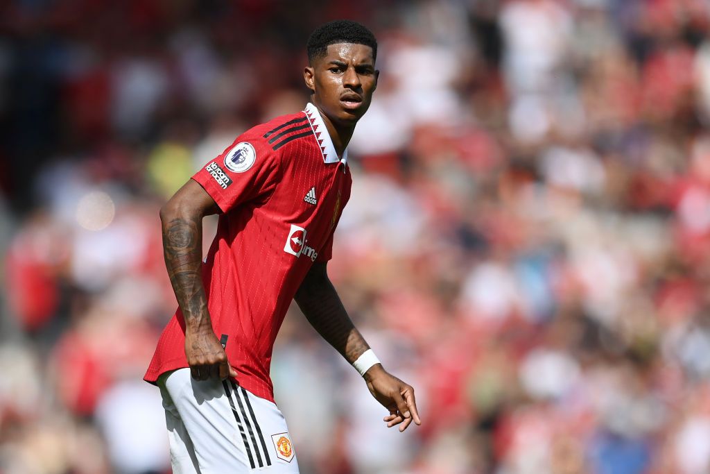 MANCHESTER, ENGLAND - AUGUST 07: Marcus Rashford of Manchester United in action during the Premier League match between Manchester United and Brighton & Hove Albion at Old Trafford on August 07, 2022 in Manchester, England. (Photo by Michael Regan/Getty Images)