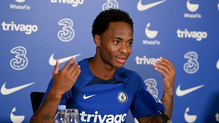 COBHAM, ENGLAND - AUGUST 11:  Raheem Sterling of Chelsea during a press conference at Chelsea Training Ground on August 11, 2022 in Cobham, England. (Photo by Darren Walsh/Chelsea FC via Getty Images)