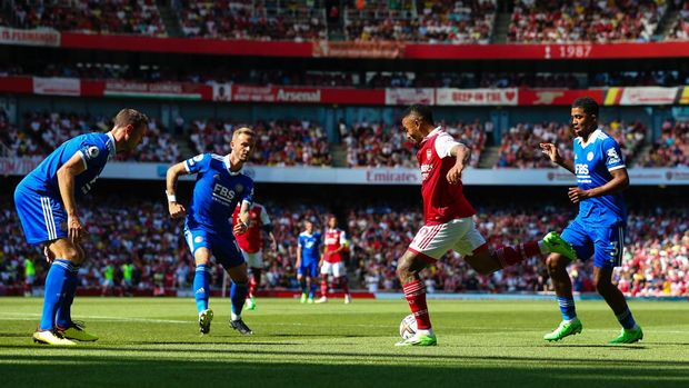 LONDON, ENGLAND - AUGUST 13:  Gabriel Jesus of Arsenal scores the opening goal during the Premier League match between Arsenal FC and Leicester City at Emirates Stadium on August 13, 2022 in London, United Kingdom. (Photo by Craig Mercer/MB Media/Getty Images)