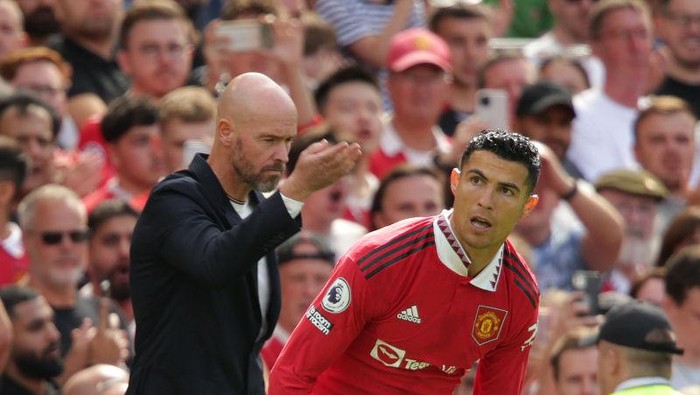 Manchester United manager Erik ten Hag sends on substitute Cristiano Ronaldo during the Premier League match at Old Trafford, Manchester. Picture date: Sunday August 7, 2022. (Photo by Ian Hodgson/PA Images via Getty Images)