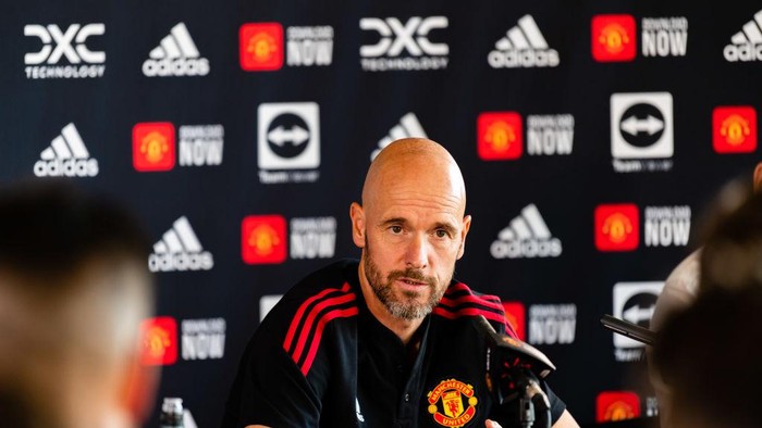 MANCHESTER, ENGLAND - AUGUST 12: (EXCLUSIVE COVERAGE) Manager Erik ten Hag of Manchester United speaks during a press conference at Carrington Training Ground on August 12, 2022 in Manchester, England. (Photo by Ash Donelon/Manchester United via Getty Images)