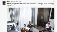 Tuh, saking banyaknya, trofi Ballon dOr Messi jadi mainan anak-anaknya di rumah. (Foto: Twitter @Diya1030)