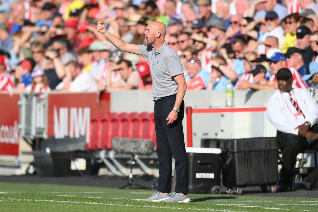 BRENTFORD, ENGLAND - AUGUST 13: Erik ten Hag, Manager of Manchester United reacts during the Premier League match between Brentford FC and Manchester United at Brentford Community Stadium on August 13, 2022 in Brentford, England. (Photo by Shaun Botterill/Getty Images)