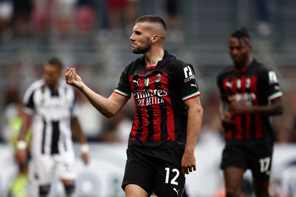 MILAN, ITALY - AUGUST 13: Ante Rebic of AC Milan celebrates after scoring his side's fourth goal of the match during the Serie A match between AC MIlan and Udinese Calcio at Stadio Giuseppe Meazza on August 13, 2022 in Milan, Italy. (Photo by Francesco Scaccianoce/Getty Images)