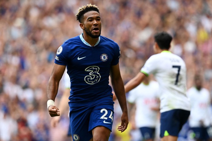 LONDON, ENGLAND - AUGUST 14: Reece James of Chelsea scores their sides second goal during the Premier League match between Chelsea FC and Tottenham Hotspur at Stamford Bridge on August 14, 2022 in London, England. (Photo by Harriet Lander - Chelsea FC/Chelsea FC via Getty Images)