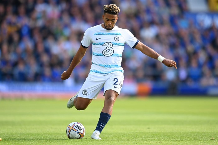 LONDON, ENGLAND - AUGUST 14: Reece James of Chelsea scores their sides second goal during the Premier League match between Chelsea FC and Tottenham Hotspur at Stamford Bridge on August 14, 2022 in London, England. (Photo by Harriet Lander - Chelsea FC/Chelsea FC via Getty Images)