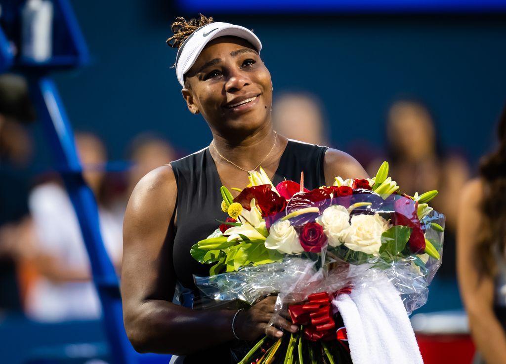 TORONTO, ONTARIO - AUGUST 10: Serena Williams reacts during a post-match ceremony after losing to Belinda Bencic of Switzerland on Day 5 of the National Bank Open, part of the Hologic WTA Tour, at Sobeys Stadium on August 10, 2022 in Toronto, Ontario. (Photo by Robert Prange/Getty Images)
